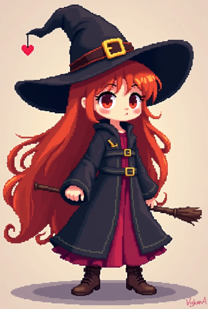 No dithering, full HD, cute pixel art style, figure action, a girl with red hart witch ginger hair long hair witch clothes, solid edges
