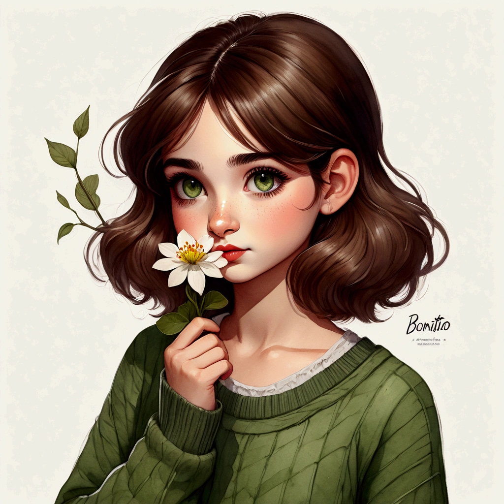 Uma ilustracao em aquarela de uma mulher com uma flor na mão e um suéter verde, bonitinho girl painting, bonitinho art style, bonitinho detailed artwork, beautiful estilo de desenho, bonitinho illustration, bonitinho digital art, bonitinho detailed digital art, ilustração serena, bonitinho artwork, bonitinho drawing, com cara de flor, tendências em arte, estilo de desenho, bonitinho cartoon, 🍁 bonitinho, ilustração de estilo cartoon