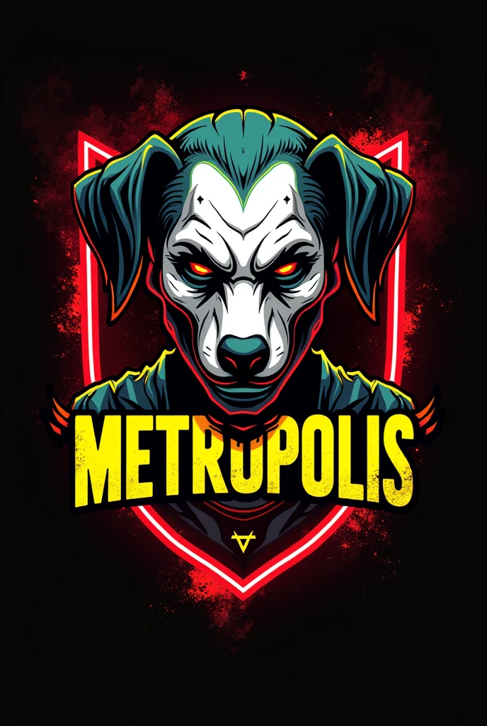 I want a team crest that includes the big name "metropolis" with a cyberpunk design, one part with dalmatian skin design and the joker smile logo. Now with yellow and red colors