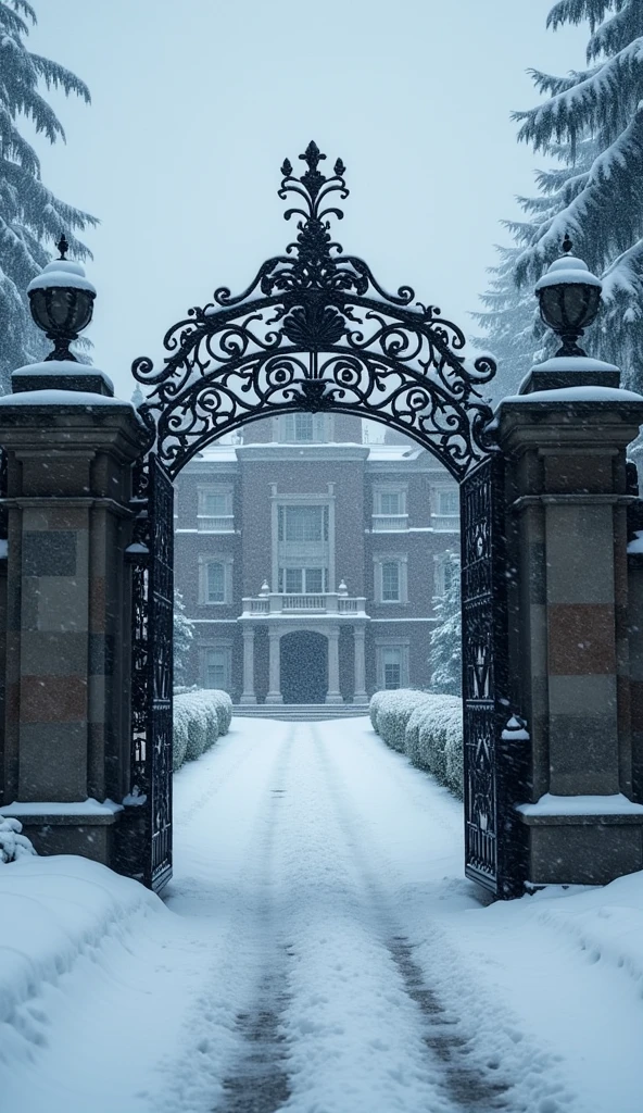 a grand mansion gate is shown in a wide shot with snow covering everything. The scene remains dark and cold, with heavy snowfall continuing.