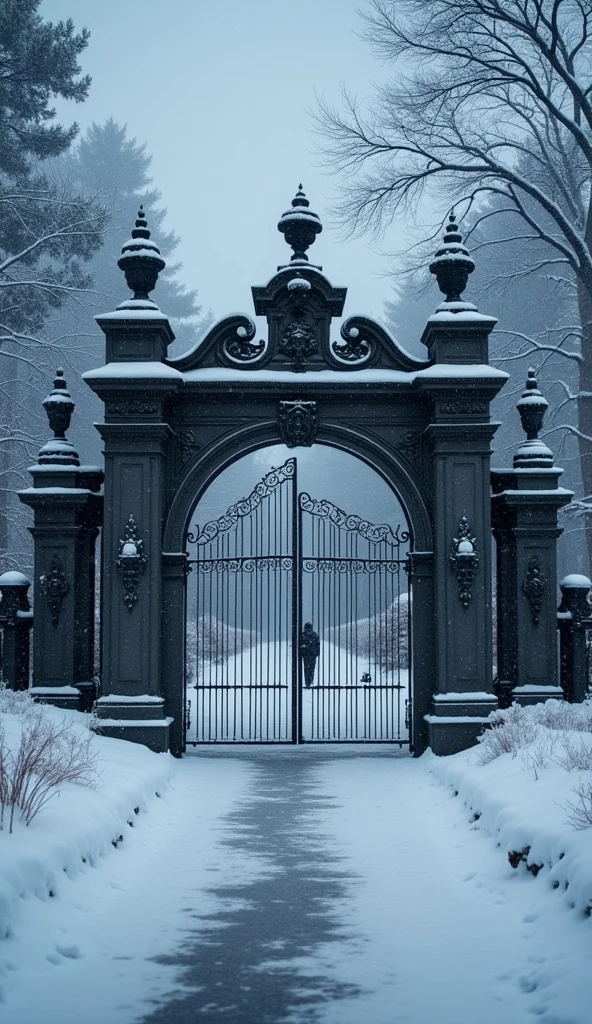 a grand mansion gate is shown in a wide shot with snow covering everything. The scene remains dark and cold, with heavy snowfall continuing.