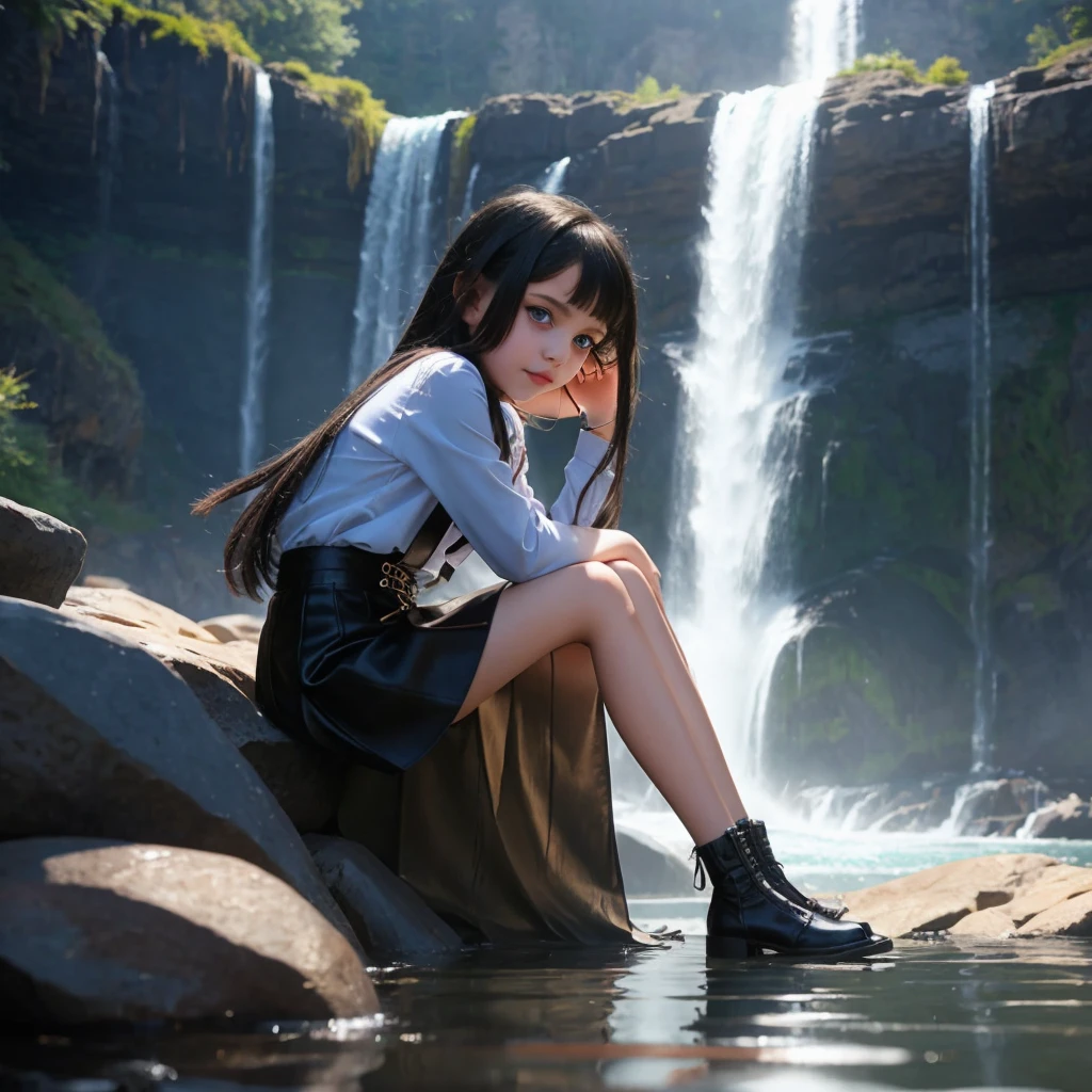 "9-year-old vampire girl with blue eyes and waist-length silver and black hair, sitting by the waterfall alone mini skirt small legs, photoshooting, top-quality, true-to-life portrayal."