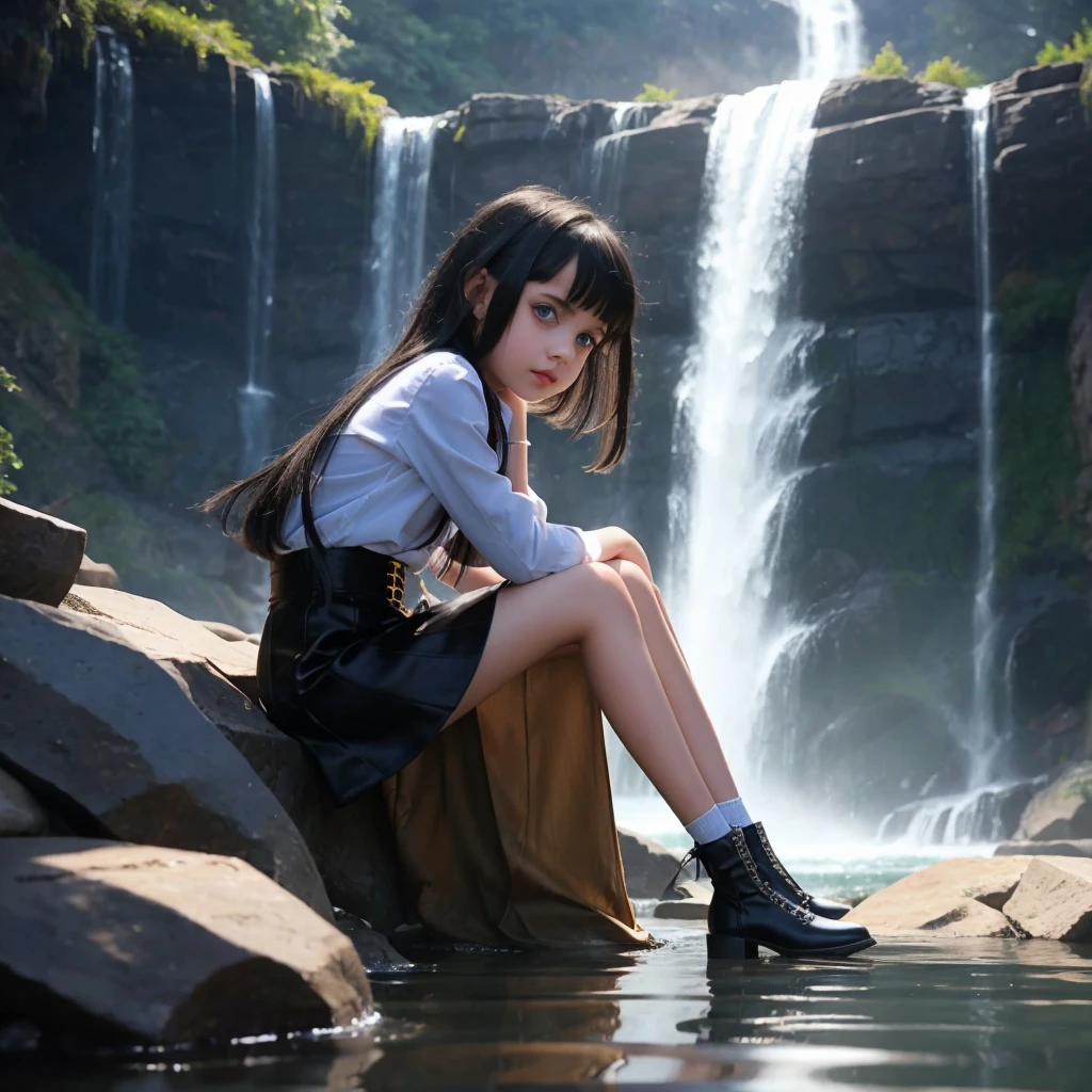 "9-year-old vampire girl with blue eyes and waist-length silver and black hair, sitting by the waterfall alone mini skirt small legs, photoshooting, top-quality, true-to-life portrayal."