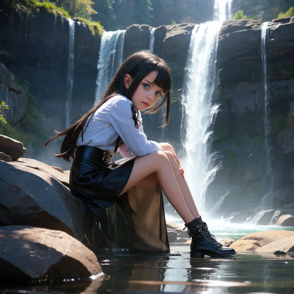 "9-year-old vampire girl with blue eyes and waist-length silver and black hair, sitting by the waterfall alone mini skirt small legs, photoshooting, top-quality, true-to-life portrayal."