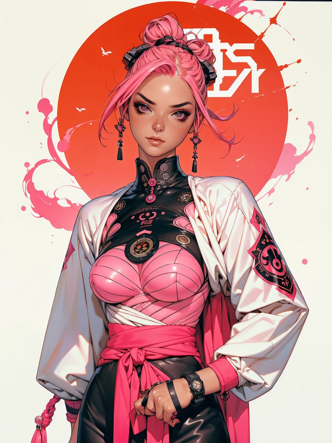 (best qualityer))), (((manga strokes))), (((pink hair with white highlights))), (((noise pattern))), uma Kizi pirata espacial jovem muito bem vestida com roupas azuis modernas de inverno, top gift vertical stripes, short jacket with dark fur collar, beautiful and expressive face, slightly-smile, big eyes with long black eyelashes, heavy make-up, futuristic accessories and gadgets, contrasting colours, pose de atitude, hair with a modern and futuristic cut, urban game poster art, dramatic camera angles, graffiti art elements in the background, design mixing contemporary and retro by Shepard Fairey, (((bird's eye))), (((best qualityer: 1.4))), (Unbeatable masterpiece), (hiper HD),(CG 8k hyper-realistic), Kizi, (((standing alone))), pirralha violent, ((())), sexly, pose de atitude, work of art, post-apocalypse, (((manga style))), bounty hunter, violent, Manic, the way you want, slenderbody, thin but strong, perfectbody, roupa moderna, advanced technology, neon, sleeves with vertical striped pattern, neutral background, (( cowboy shot )). intricate visual