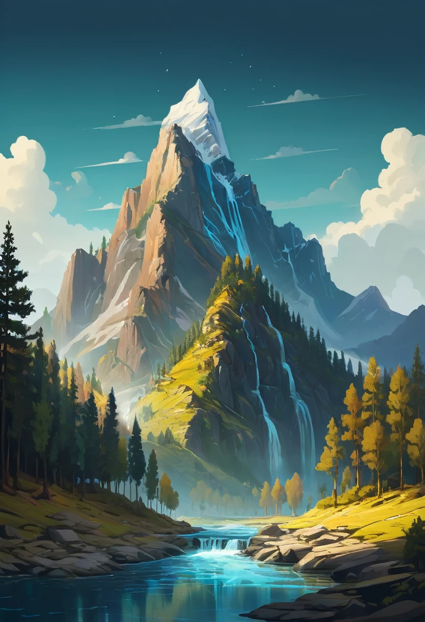 impressive painting of a mountain with trees and water, a detailed painting by Petros Afshar, shutterstock contest winner, environmental art, detailed painting, outlined art, 2d game art, isolated background for logo, strong contours, logo design