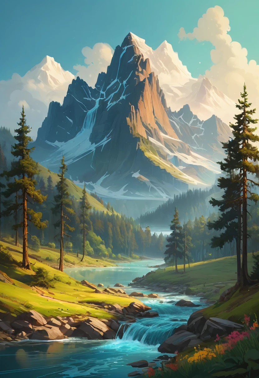 impressive painting of a mountain with trees and water, a detailed painting by Petros Afshar, shutterstock contest winner, environmental art, detailed painting, outlined art, 2d game art, isolated background for logo, strong contours, logo design
