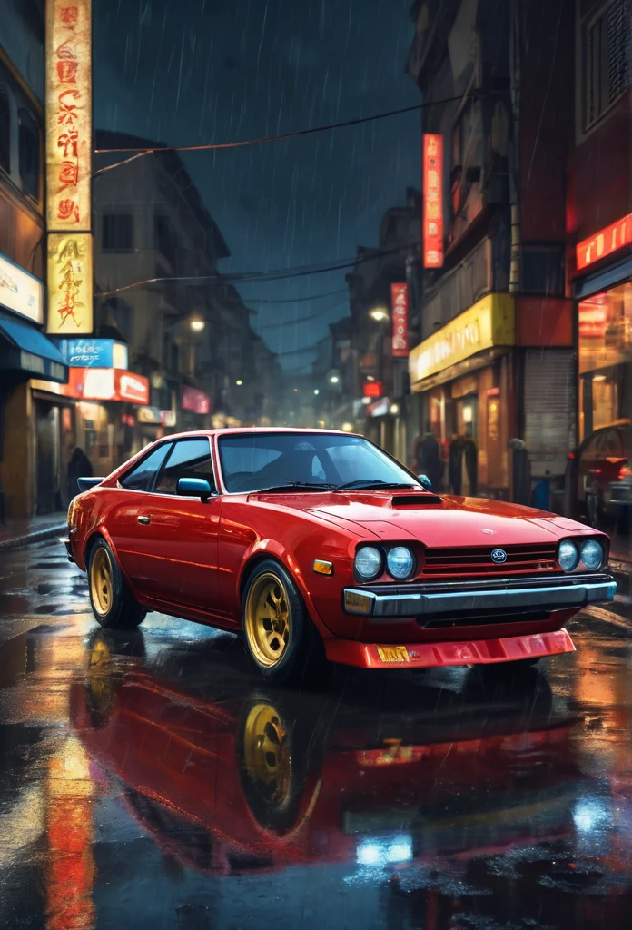 A Red chrome toyota celica GTV AT22 full option dark race but classic car in the style of sam spratt, historical vintage car, old masters, genndy tartakovsky, soggy, masaccio, a 1990s poster style with dark yellow and blue details, colorful with vibrant colors, (low-light, breathtaking panoramic:1.3), night city background, rainny, light reflection at the floor