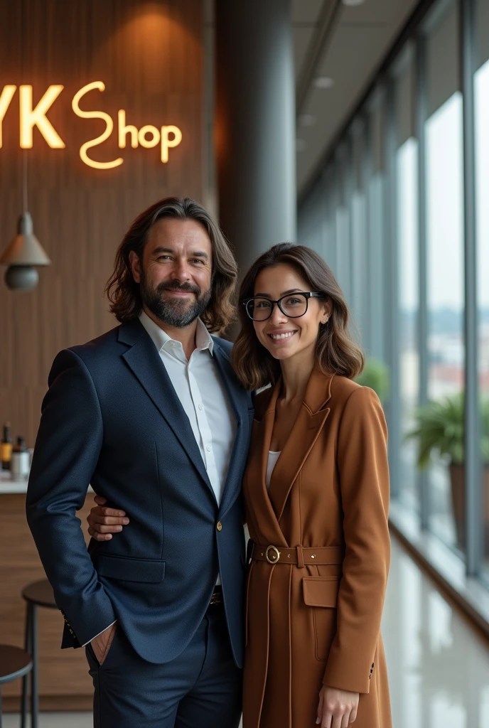Give me a picture of a young couple in their 30s, Colombian millionaire, owners of "YK Shop", a successful kitchen and home products company. The couple has an elegant and modern style, He with a beard and long hair and she with dark skin and light brown hair, with glasses and chubby cheeks with a little forehead, with high quality clothing and accessories. The scene takes place in a modern and sophisticated building with cutting-edge technology and panoramic views of the city.. The logo of "YK Shop" is visible on the wall, with a color palette that reflects richness and exclusivity, and a modern, easy-to-read design. The image reflects the success, the sophistication and professionalism of the couple and their company.
And give it to me in a 9 format:16