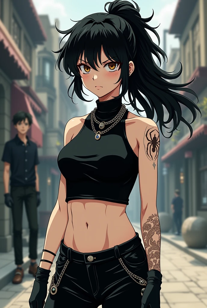 Un personnage dans le style de dessin du manga Hunter x Hunter. Elle a les cheveux noirs légèrement bouclés. Elle a la peau pâle et des yeux d'un marrons foncés. Elle a un air froid sur le visage, peu aimable mais pas hostile non plus. Elle a souvent les cheveux attachés en queue de cheval, laissant des mèches de cheveux retomber sur son visage. Elle a un top noir moulant col roulé sans manches et qui s'arrête un peu au dessus de ses hanches. Elle a un pantalon noir large taille basse qui laisse apercevoir sa peau. Elle a de nombreux colliers en chaîne en argents. Ainsi que de nombreuses boucles d'oreilles. Elle fait 1m81. Elle a 21 ans, elle ne ressemble pas à une enfant. Elle fait partie de la brigade Fantôme. Elle a le tatouage de l'araignée avec le numéro 5 sur sa hanche, il est en parti caché par ses habits. Elle est dans la Rue avec Hisoka Morrow du manga Hunter x hunter .