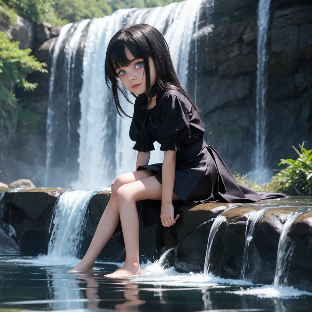 "9-year-old vampire girl with blue eyes and waist-length silver and black hair, sitting by the waterfall alone mini skirt small legs, photoshooting, top-quality, true-to-life portrayal."