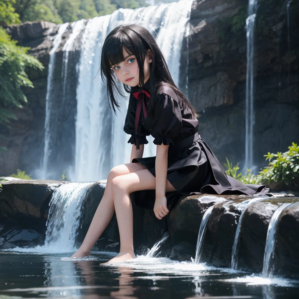 "9-year-old vampire girl with blue eyes and waist-length silver and black hair, sitting by the waterfall alone mini skirt small legs, photoshooting, top-quality, true-to-life portrayal."