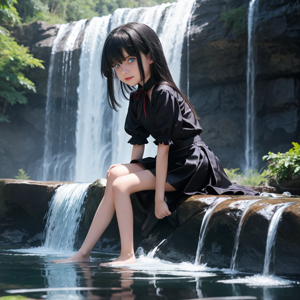 "9-year-old vampire girl with blue eyes and waist-length silver and black hair, sitting by the waterfall alone mini skirt small legs, photoshooting, top-quality, true-to-life portrayal."