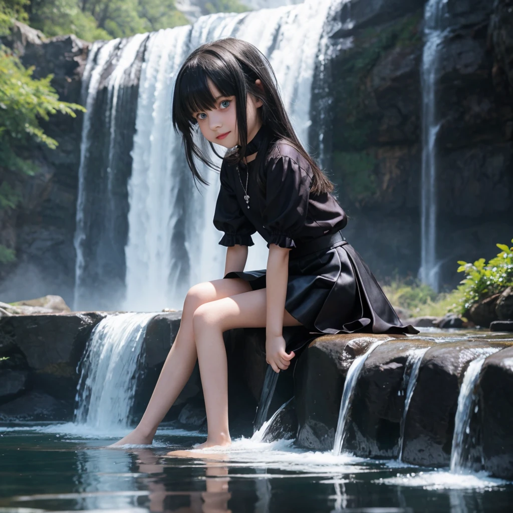 "9--old pire girl with blue eyes and waist-length silver and black hair, sitting by the waterfall alone mini skirt small legs, photoshooting, top-quality, true-to-life portrayal."