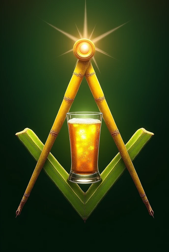 Create a logo with the symbol of universal freemasonry where the compass is made with the green leaf of sugar cane and the square is made with the yellowish stem of sugar cane. In the center there should be a glass of "Brazilian caipirinha". Ao fundo, must have the image of the "eye that all come" illuminated by bright sunbeams.