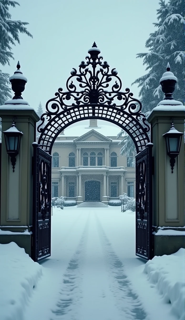 a grand mansion gate is shown in a wide shot with snow covering everything. The scene remains dark and cold, with heavy snowfall continuing.