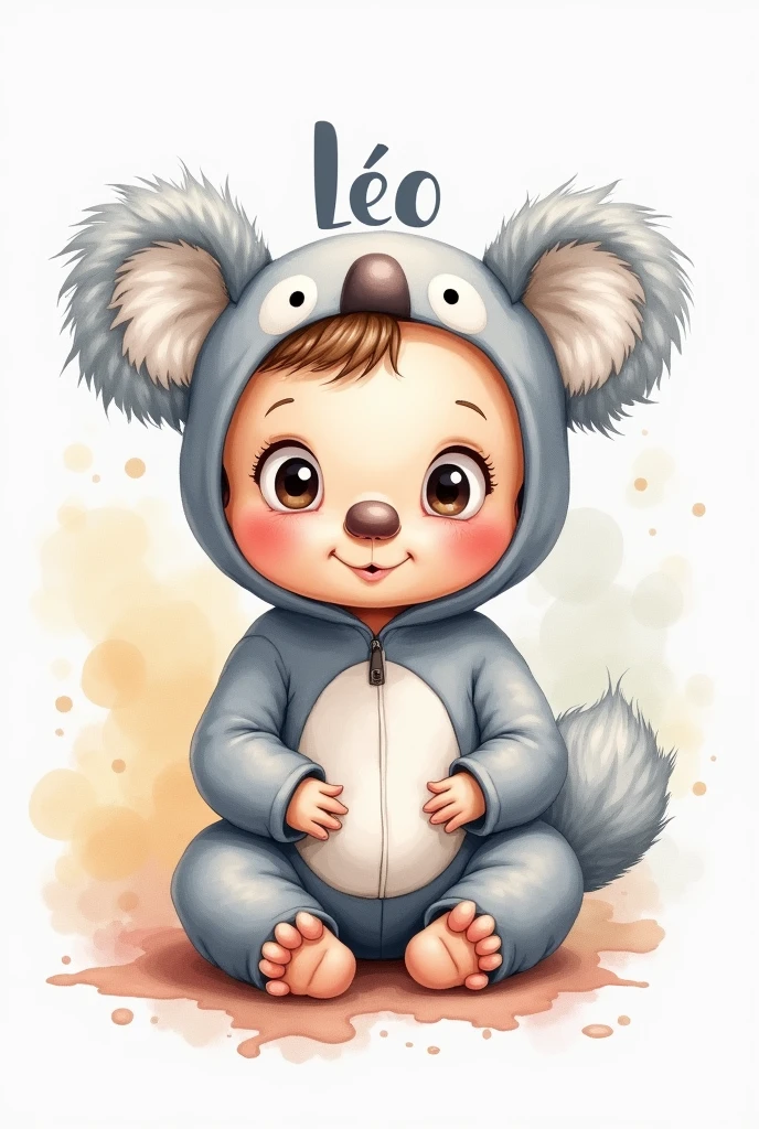Water color 2d cartoon lion baby boy dressed as a grey koala without tail. Word Léo written