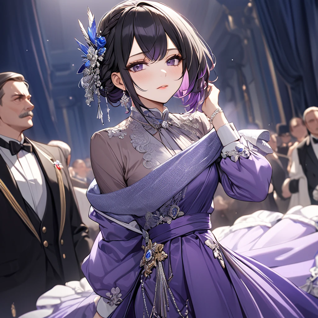((Highest quality)), ((masterpiece)), (detailed), （Perfect Face）、The woman is Shinobu Kocho, a Russian with black hair in a purple gradient bob style, tied up in a formal evening hairstyle.、The woman is a member of the United Russia party and is beautifully dressed in the fine attire and luxurious accessories appropriate for a party member.、She is a member of the Great United Russia Party and worships the Great Russian leader.