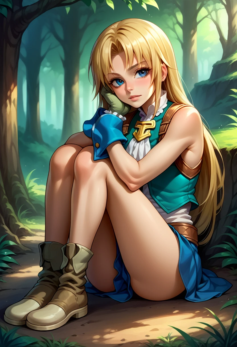 score_9, score_8_up, score_7_up, (female:1.5), 1girl solo, female focus, female body, skinny, zidane, blonde hair, long hair, blue eyes, monkey tail, parted bangs, gloves, blue skirt, short skirt, sitting on ground, knees up, arms around own knees, head resting on legs, looking at you, deep forest,
