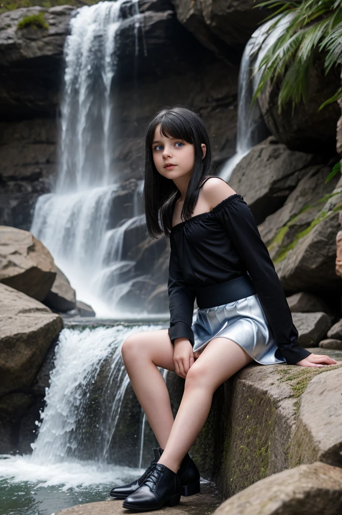 "9--old pire girl with blue eyes and waist-length silver and black hair, sitting by the waterfall alone mini skirt small legs, photoshooting, top-quality, true-to-life portrayal."