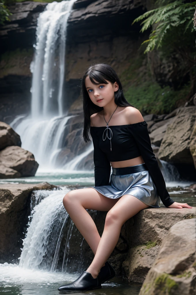 "9-year-old vampire girl with blue eyes and waist-length silver and black hair, sitting by the waterfall alone mini skirt small legs, photoshooting, top-quality, true-to-life portrayal."