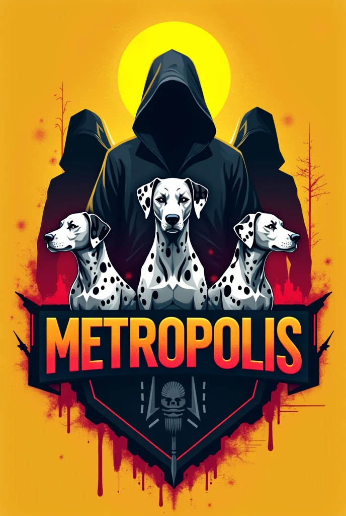 I want a team crest that includes the big name "metropolis" with a cyberpunk design, with 3 dalmatians and 3 shadows behind. Now with yellow and red colors