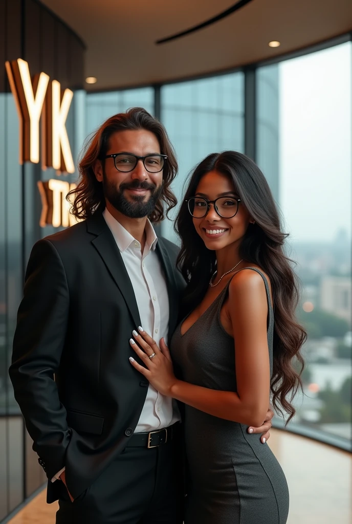 Give me a picture of a young couple in their 30s, Colombian millionaire, owners of "YK Shop", a successful kitchen and home products company. The couple has an elegant and modern style, He with a beard and long hair and she with dark skin and light brown hair, with glasses and chubby cheeks with a little forehead, with high quality clothing and accessories. The scene takes place in a modern and sophisticated building with cutting-edge technology and panoramic views of the city.. The logo of "YK Shop" is visible on the wall, with a color palette that reflects richness and exclusivity, and a modern, easy-to-read design. The image reflects the success, the sophistication and professionalism of the couple and their company.
And give it to me in a 9 format:16