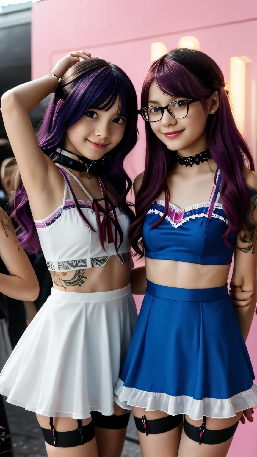 18 year old tween girls at a music festival, two close playful friends, perfect young models, colored hair, kawai cosplay girls, colored short dresses, dress with straps, choker, skinny body, innocent, garter with stockings, good lighting, glasses, bright playful, thin model, beautiful young teenls, tattoos, silk panties, dress with cutouts, sensual, shibari, playful pleasure