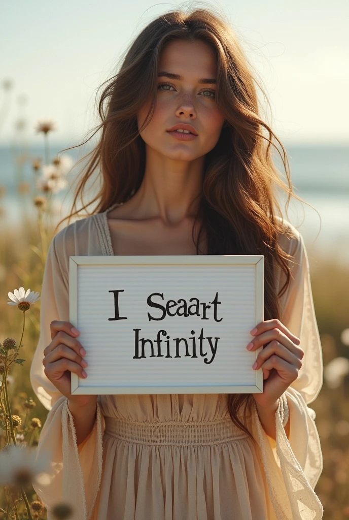 Beautiful girl with wavy long hair, bohemian dress, holding a white board with text "I Love Seaart Infinity" and showing it to the viewer