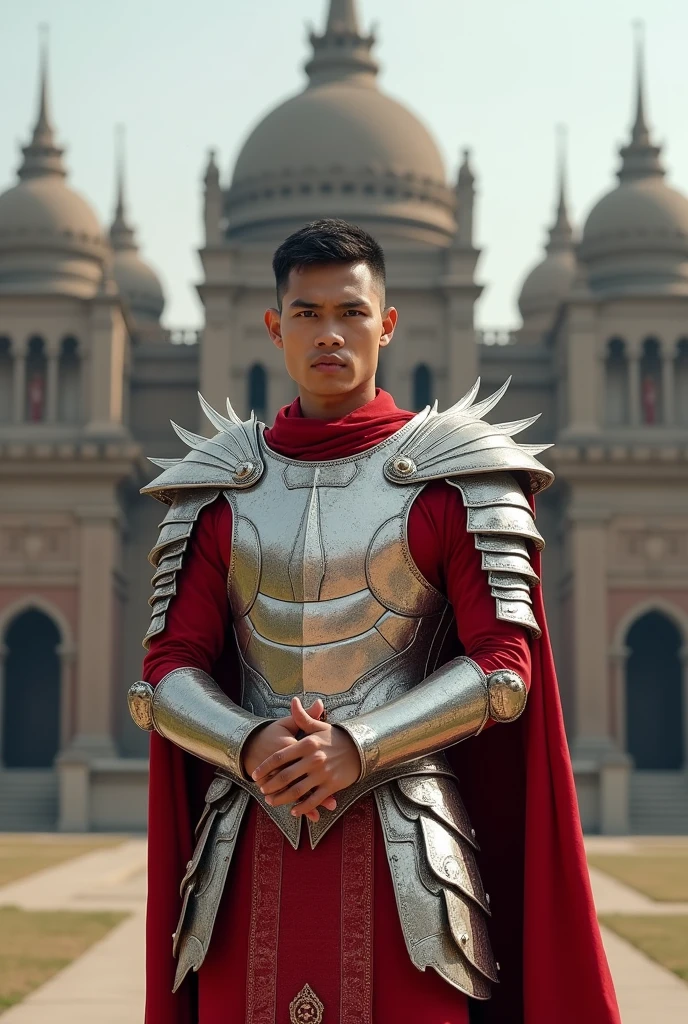 A photography of an Indonesian very thin man in armor standing confidently in front of a majestic kingdom. The man wore complicated red and white armor with sharp angular and winged designs, his face was handsome, leaving only his sharp eyes visible. His pose is bright but dignified, with his hands clenched. The background shows a magnificent ancient royal palace, adding to the impression of authority and majesty.