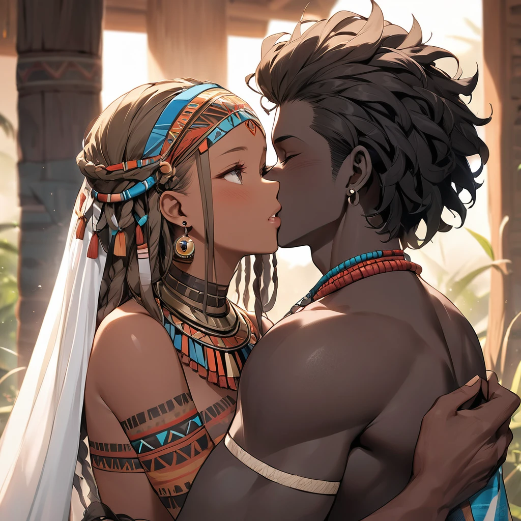 ((Highest quality)), ((masterpiece)), (detailed), (Perfect Face)、The woman is a beautiful, pitch-black-skinned native African tribal woman, adorned with gorgeous bridal accessories, and embraces a strong tribal man, kisses him in love, and holds a wedding ceremony in the tribal square.、The woman is Yuuki Asuna, a black woman with pitch black skin and naturally curly hair. She has light brown, very short afro hair that is naturally curly and finely braided into dreadlocks that are swept back in a tribal hairstyle, with little hair volume, she is an African black woman with tribal make-up, black nipples with nipple piercings, tattoos all over her body, and a beautifully decorated tribal outfit that does not cover her breasts.、The woman was a complete African native nude tribeswoman, and had become a nude tribeswoman in both body and mind.、The woman is a native African woman and a member of the tribe's nude tribe, living happily with her friends.、The woman is a beautiful native African tribal woman, beautifully adorned with gorgeous jewelry, and is getting married to a strong tribal man.