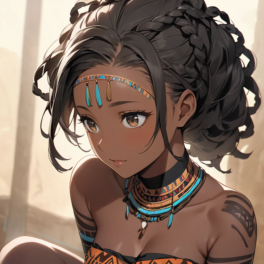 ((Highest quality)), ((masterpiece)), (detailed), （Perfect Face）、The woman is a beautiful native African tribal woman.で綺麗で豪華な花嫁のアクセサリーで装飾されて部族の逞しい男と情熱的に抱き合い深く誓いのキスをして深く愛し合い部族の広場で結婚式を挙げて妻として男に尽くし生涯添い遂げる部族繁栄のために夫との子供を産み続ける事を部族の精霊に誓う、The woman is Yuuki Asuna, a black woman with pitch black skin and naturally curly hair. She has light brown, very short afro hair that is naturally curly and finely braided into dreadlocks that are swept back in a tribal hairstyle, with little hair volume, she is an African black woman with tribal makeup, black nipples, tattoos all over her body, and a beautifully colored tribal outfit that does not cover her breasts.、The woman was a complete African native nude tribeswoman, and had become a nude tribeswoman in both body and mind.、The woman is a native African woman and a member of the tribe&#39;s nude tribe, living happily with her friends.、The woman is a beautiful native African tribal woman.