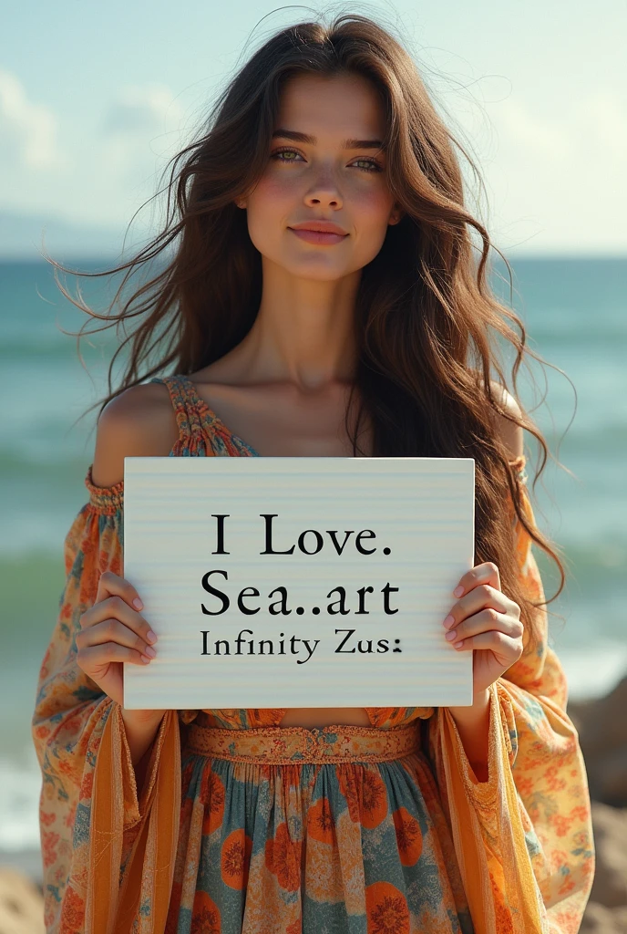 Beautiful girl with wavy long hair, bohemian dress, holding a white board with text "I Love Seaart Infinity" and showing it to the viewer