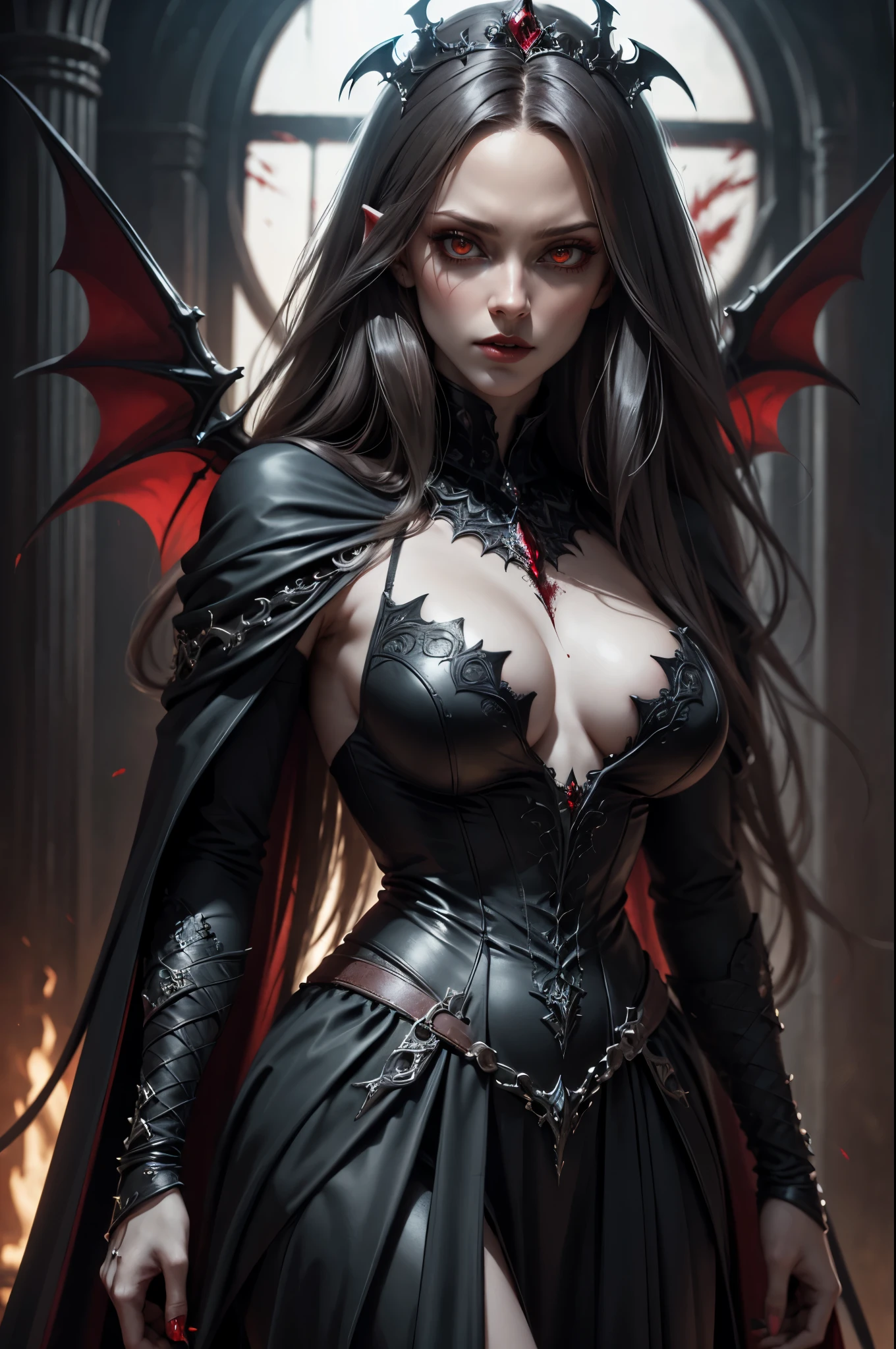 "A highly detailed and intense depiction of a terrifying female necromancer, Mid shot and dramatic capture shot in ultra detailed 8K wallpaper, Showing complex complexity".、Close-up of a woman with dark hair and a black dress, in style of Dark Fantasy Art, Dark fantasy art, A beautiful and elegant demon queen, Dark Fantasy Art, fantasy dark art, Dark fantasy digital art, gothic fantasy art, Gothic Dark Maiden, Dark Fantasy Portrait, Portrait of the Dark Goddess, Dark Fantasy Nymph Portrait,8k,(Sharp Focus:1.1) vampire queen,((His mouth was covered in blood)), Blood drop, Blood-stained hair, Ruby tiara, laced dress, Cleavage is seductive, Looking, dark shadow, Intensity, fanaticism, 8k, high quarity, intricate detailes, closeup cleavage, Glowing red eyes,You can see the vampire's big fangs,Emphasizes cleavage,Maniacal smiling mouth with vampire fangs,超A high resolution,super realistic skin,Maniacal,Generate a hyper-realistic image that employs the shallow depth of field technique, half-body portrait to highlight a pretty goth girl wearing a gothic medieval clothes , Hot body, sensual, sexy, at ((night in a creepy cemitery)) setting, (((under the moonlight))). The girl should be the focal point, with crisp clarity, while the background of the forest should be gently blurred to create a bokeh effect. (((black roses In the foreground))) should be visible but blurred, adding depth to the composition.", adding depth to the composition. Sony Alpha A7R III, macros lens , f/5.6. ((Cinematic purple Lighting)) .