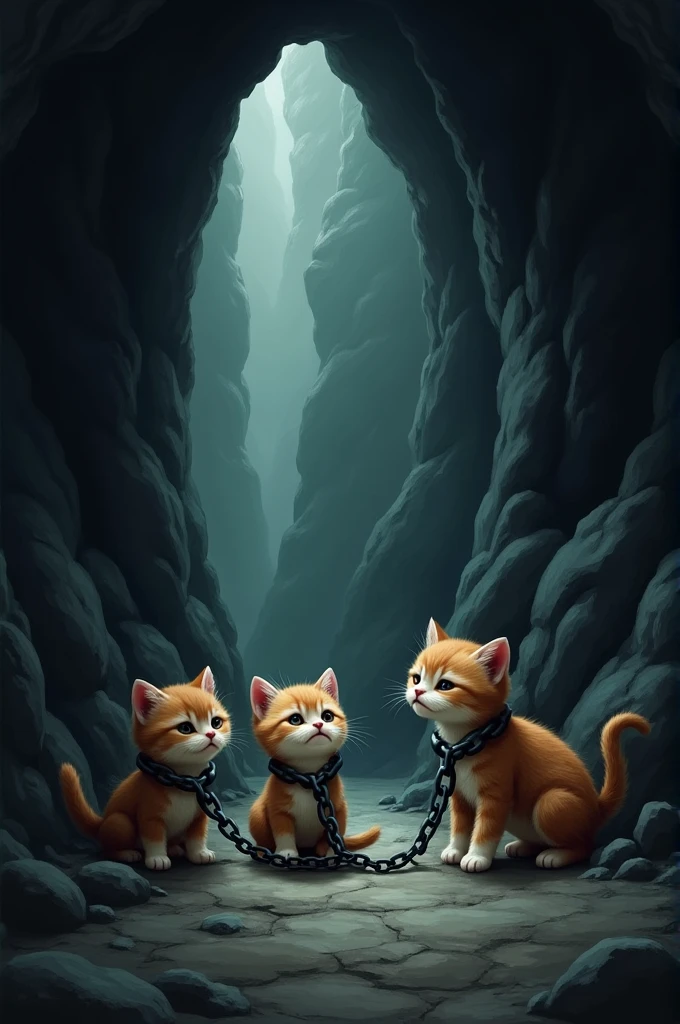 Create an image of a large, huge, scary, dark cave, with three very sad kittens chained against the cave exit, where one of these kittens tries to break free from the chains, and at that exit put a big wall, and place in front of the chained kittens shadows projected from an outside world, the cave cannot have light (make it in 3d drawing form)