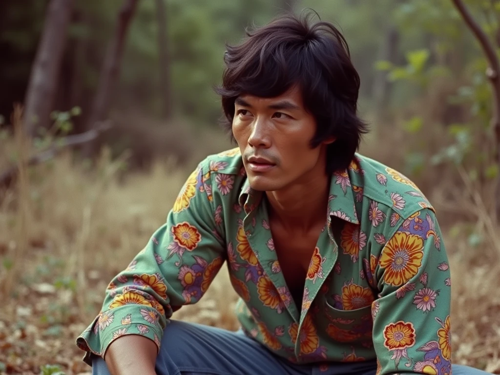 bruce lee, sitting, talking,, (subtitle is "Be water my friend"), vivid colors, 70s, 