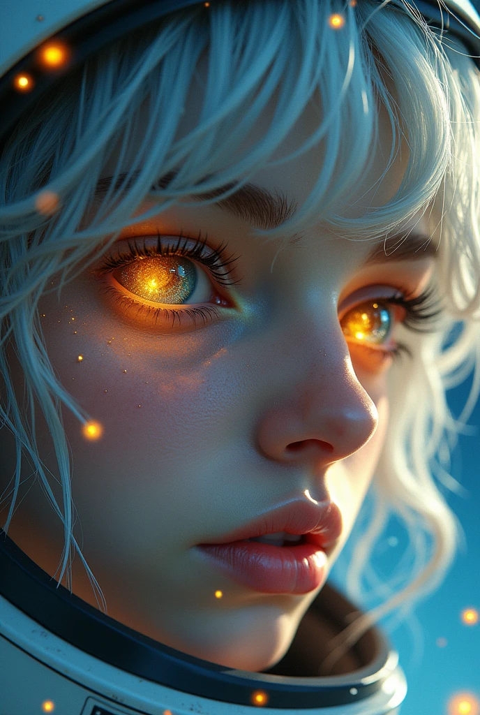 (Close-up of a better masterpiece:1.5)0.9], (Space and astronauts:1.2) (Messy silver hair:1.1) (Heterochromia xanthochromia and blue eyes:1.2) (Space Helmet:1.0) (Colored stars in the eyes:1.0) (A radiant glow:1.1) (thick lips:0.9)