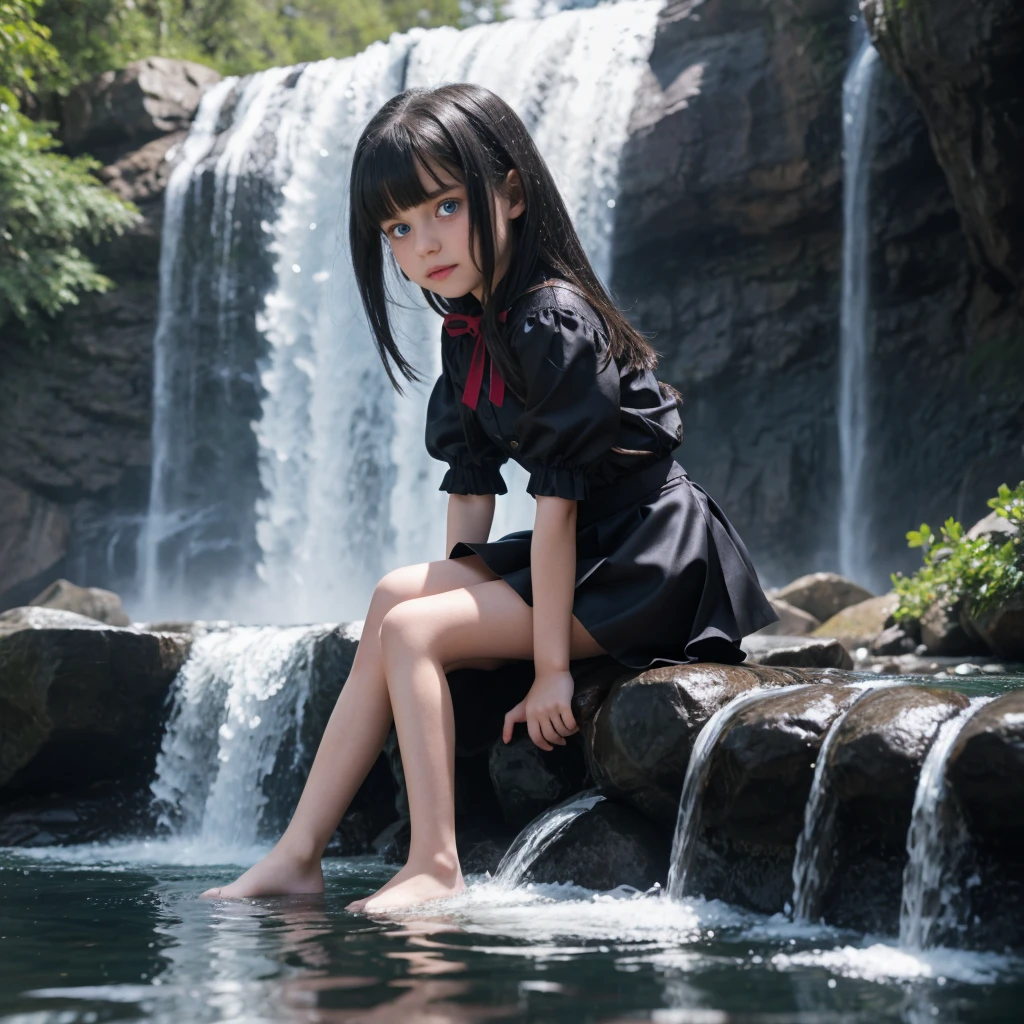 "9-year-old vampire girl with blue eyes and waist-length silver and black hair, sitting by the waterfall alone mini skirt small legs, photoshooting, top-quality, true-to-life portrayal."