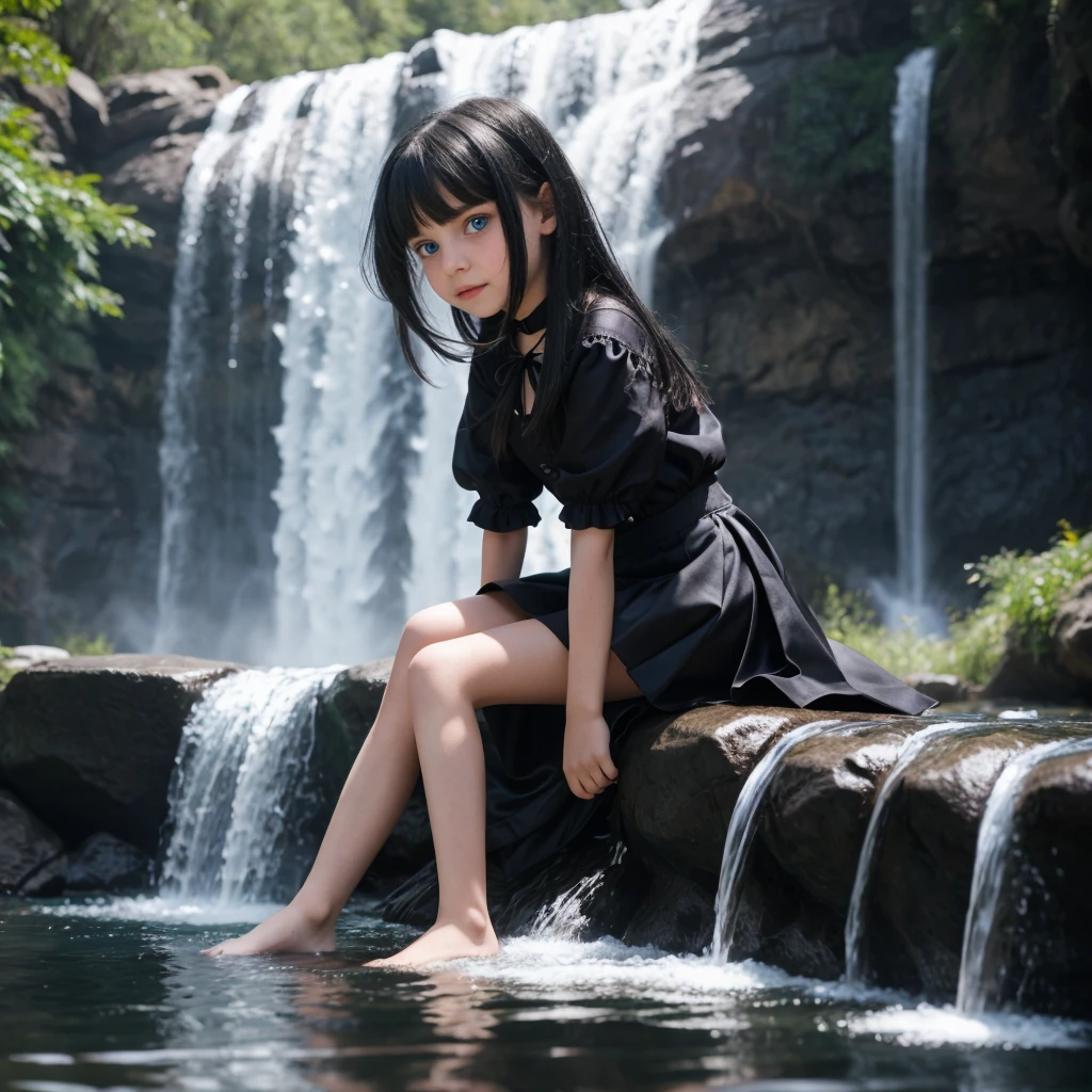 "9--old pire girl with blue eyes and waist-length silver and black hair, sitting by the waterfall alone mini skirt small legs, photoshooting, top-quality, true-to-life portrayal."