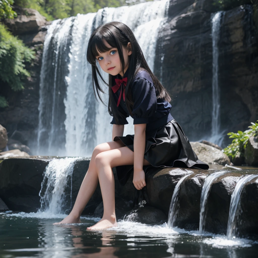 "9-year-old vampire girl with blue eyes and waist-length silver and black hair, sitting by the waterfall alone mini skirt small legs, photoshooting, top-quality, true-to-life portrayal."