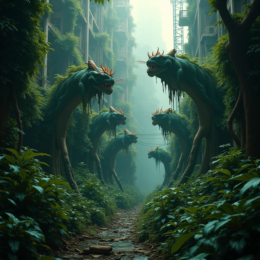Large format 8k quality photo of a poisonous jungle with plants looking like panthers, dystopic, demolished builidings, cinematic lighting, shot on ARRI ALEXA 65 with 50mm lens