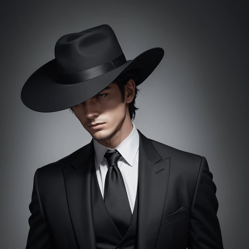 Man in black suit and mysterious hat only from the neck up centered 