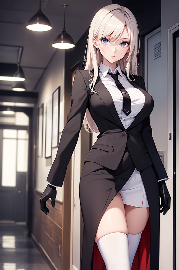 Beautiful, anime, {20 year old} adult woman, tall, slender woman, white business shirt,pencil shirt, long black stockings, black gloves {gloves fully covering hands} large breasts, Seductive and erotic woman, looking at viewer. Lone Hallway background