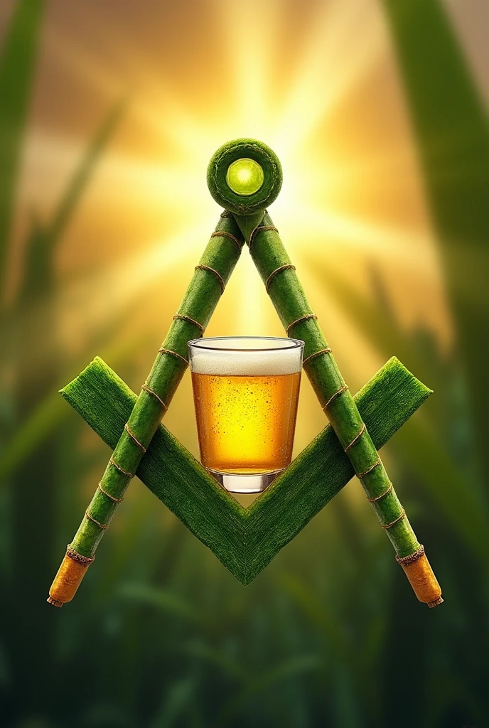 Create a logo with the symbol of universal masonry where the compass is made with the green leaf of the sugar cane and the square is made with the stem in the yellowish color of the sugar cane. In the center there should be a glass of "Brazilian caipirinha". In the background, there should be the image of the "all-seeing eye" illuminated by bright rays of sunlight.