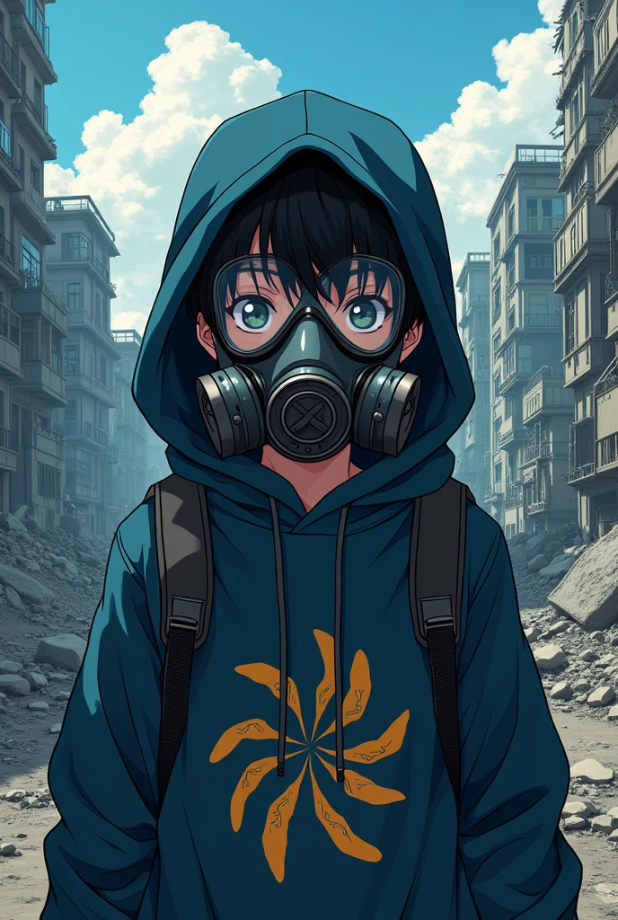 A teenager with a full-face gas mask and a hood and nuclear apocalypse clothes but with art in the style of the anime Jujutsu kaisen