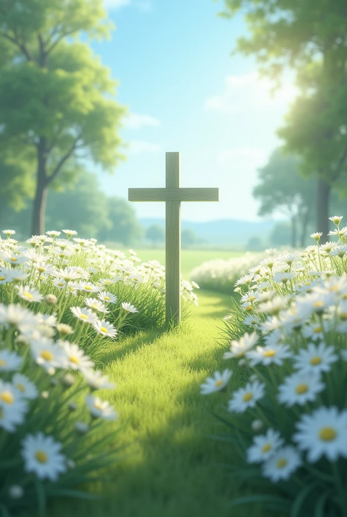 Garden Of White Flowers And The Cross in The Middle Of the Garden Far off in the distance