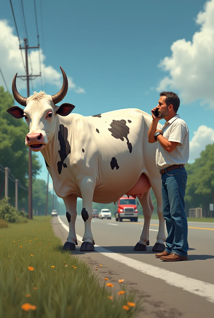"A road scene where a pregnant, fat white cow with black spots is in the middle of the road, screaming in pain with her mouth open. A 30-year-old man in a white shirt and blue jeans is nearby, holding a phone to his ear, calling an ambulance. A few cars are stopped in the background, adding to the tension."