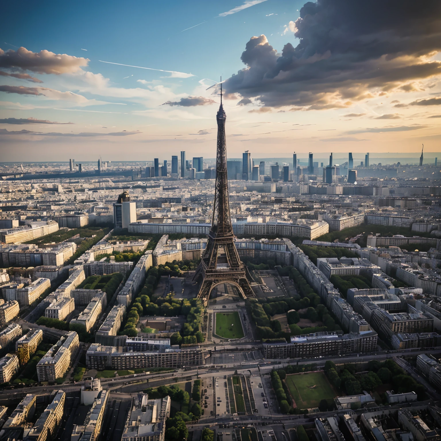 Create an ultra-realistic image of ****a Boeing airplane flying over the streets of France****, with a clear and prominent **view of the Eiffel Tower.** The plane should be positioned in the sky, slightly to the side, giving a perspective that highlights both the aircraft and the iconic Parisian landmark. The Eiffel Tower stands tall, with its intricate lattice design clearly visible, set against the backdrop of the city's streets and buildings below. The image should capture the essence of Paris, with a mix of urban and aerial elements, ensuring high detail and realism. The lighting should evoke a typical day in Paris, with soft shadows and a vibrant sky, making the scene both dynamic and picturesque