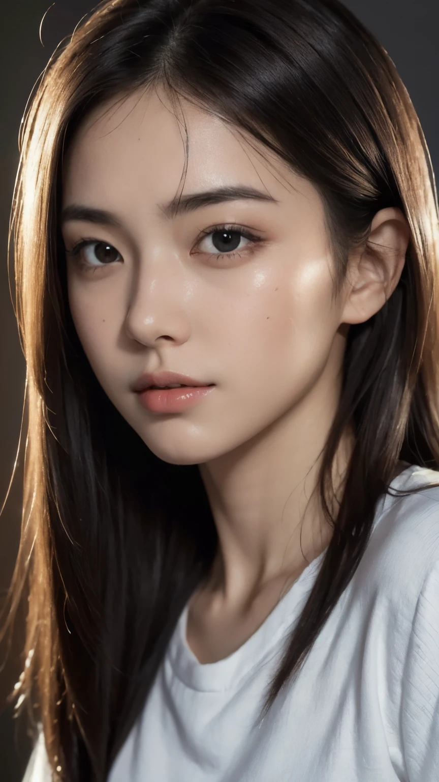 8K, Best quality, masterpiece, realistic, ultra detail, photo realistic, Improving quality, portrait photo of a korean girl, big eyes, Plump lips, ultra-textured face skin, long hair, natural beauty, Close-up of the model, full face, (photo realistic:1.4), (hyper realistic:1.4), (realistic:1.3), (Smoother lighting:1.05), (improve the quality of cinematic lighting:0.9), 32K, 1 girl,20 year old girl, realistic lighting, Backlight, Light on your face, Ray tracing, (bright light:1.2), (Improving quality:1.4), (Real skin texture of premium quality:1.4), highly detailed eyes, finely detailed face, good quality eyes, (sexy and happy:0.0), standing and looking flat into camera, white t-shirt, (Improve your body line mood:1.1), (Enhance the beauty of skin texture:1.1) Information