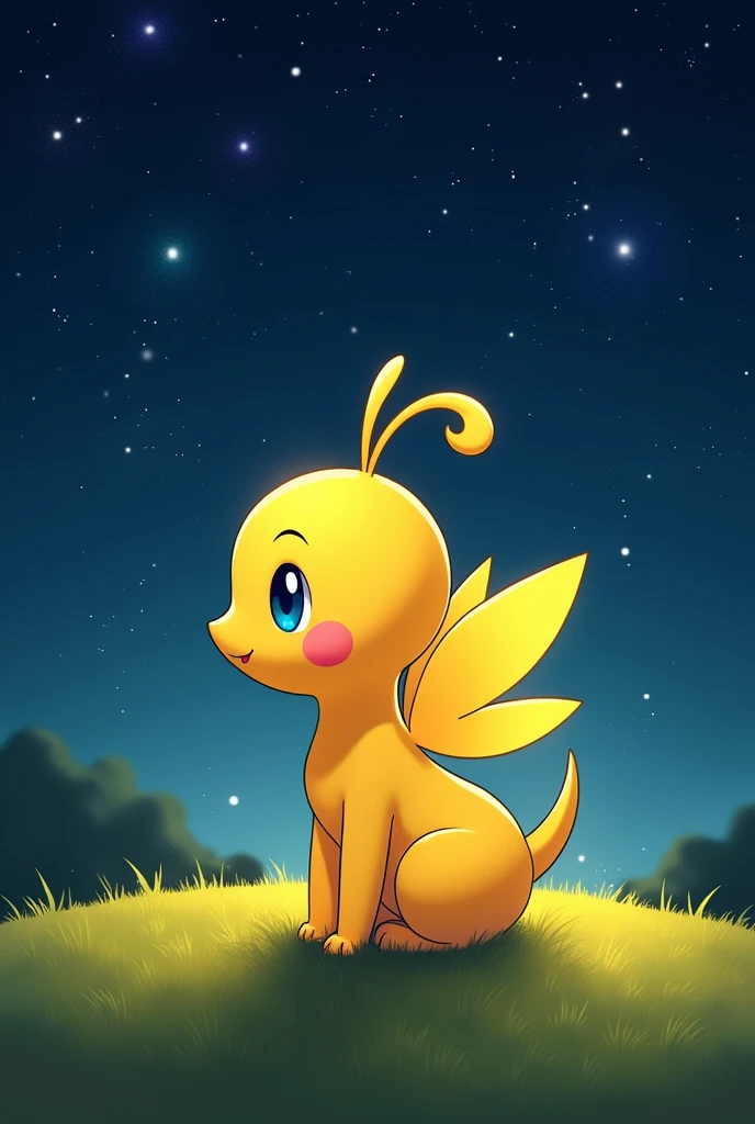 Penny Fitzgerald, penny_without shell, yellow skin, yellow wings, Nice smile, Open eyes, , sitting on the grass, In the lower right corner., backward, a little far away, Looking at the night sky with various stars and galaxies., body shining